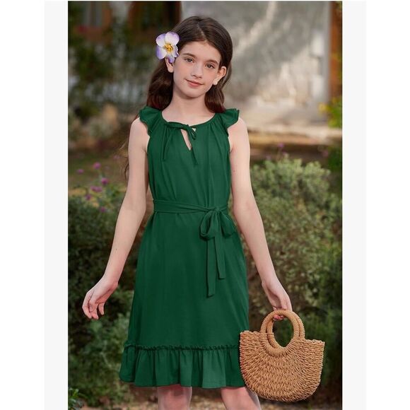 NEW Girls Halter Neck Sleeveless Ruffle Dress Pockets 6 Yrs NO BELT - Picture 2 of 4